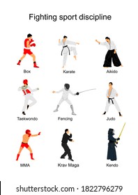 Fighting sport discipline collection vector illustration isolated on white background. Different martial sport. Fighter present skills. Self defense concept. Box, karate, aikido, taekwondo, judo...