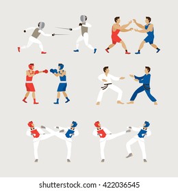 Fighting Sports Athletes, Men Set, Combat Sports, Boxing, Fencing, Wrestling, Taekwondo, Judo