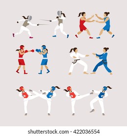 Fighting Sports Athletes, Women Set, Combat Sports, Boxing, Fencing, Wrestling, Taekwondo, Judo