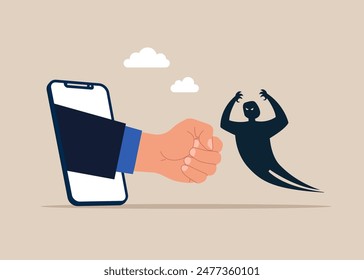 Fighting stealing personal information. A dangerous malware, new technological problems. Fight evil monster shadow. Fight back win over difficulty. Flat vector illustration.