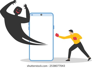 Fighting stealing personal information. A dangerous malware, new technological problems. Fight evil monster shadow. Fight back win over difficulty. Flat vector illustration.

