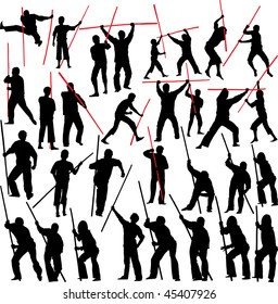 Fighting with sticks. Set of vector silhouettes.