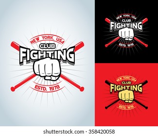 Fighting t shirt design, logotype, boxing monochrome vector label , badge , logo for hipster flyer, poster or t-shirt print with fist, baseball-bat and text.