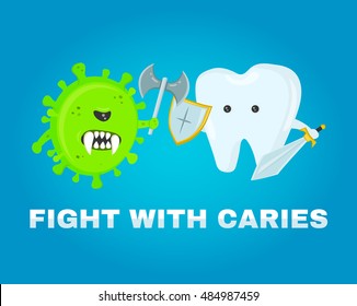 fighting tooth with cavities, cavity. healthy teeth concept. disease battle. attacked by germs of cavities. flat illustration vector