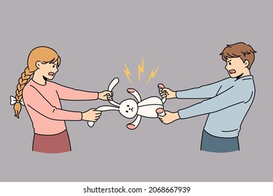 Fighting for toy and conflict concept. Two children boy and girl standing fighting for rabbit toy with each other vector illustration 