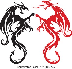 Fighting two dragons red and black, on a white background, vector