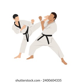 Fighting of two fighters in karate martial arts. Flat vector illustration isolated on white background