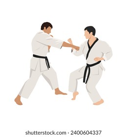 Fighting of two fighters in karate martial arts. Flat vector illustration isolated on white background