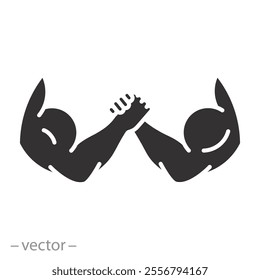 fighting two strong hand, arm wrestling icon, powerful arms competition, flat vector illustration