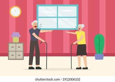 Fighting vector concept: Old couple shouting each other at home while pointing each other