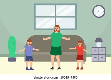 Fighting vector concept: Young mother breaking up quarrel of her children while standing at home 