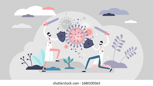 Fighting virus scene vector illustration. Covid-19 flat tiny persons concept. Metaphoric doctors swords fight with viral coronavirus outbreak. Epidemic infection restrictions to stop spreading danger.