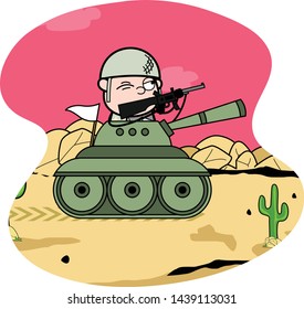 Fighting in War with Battle Tank - Cute Army Man Cartoon Soldier Vector Illustration