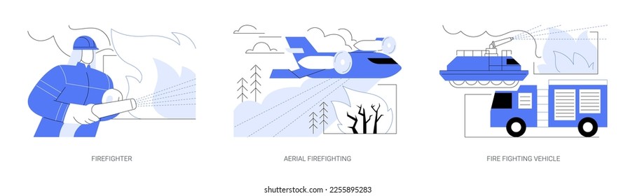 Fighting the wildfire abstract concept vector illustration set. Firefighter in forest sprays water, aerial firefighting, fire engine, climate change, global warming effects abstract metaphor.