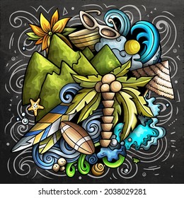 Figi cartoon vector doodle chalkboard illustration. Colorful detailed composition with lot of Exotic island objects and symbols.
