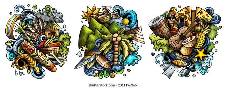 Figi cartoon vector doodle designs set. Colorful detailed compositions with lot of Exotic island objects and symbols. Isolated on white illustrations