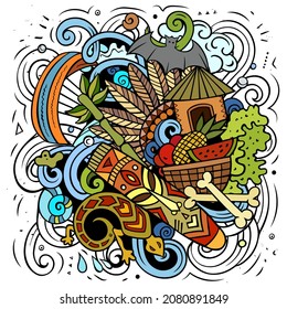 Figi cartoon vector doodle illustration. Colorful detailed composition with lot of Exotic island objects and symbols.