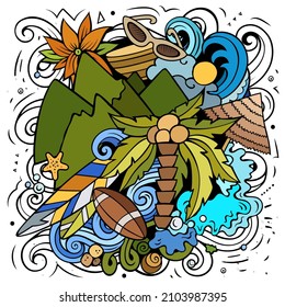 Figi cartoon vector doodle illustration. Colorful detailed composition with lot of Exotic island objects and symbols.
