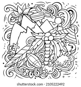 Figi cartoon vector doodle illustration. Sketchy detailed composition with lot of Exotic island objects and symbols.