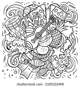 Figi cartoon vector doodle illustration. Sketchy detailed composition with lot of Exotic island objects and symbols.