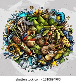 Figi hand drawn cartoon doodles illustration. Funny travel design. Creative art vector background. Exotic island elements and objects. Colorful composition