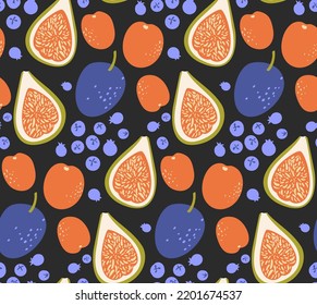 Figs, berries and plum pattern. Fresh fruits harvest seamless texture. Farm market background