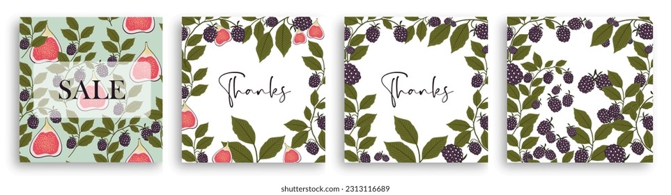 Figs, blackberry pattern illustration. Vector illustration. Trendy objects and elements. Vector background for wallpaper, textiles, print and more. Card print. Blue background. Frame with fig