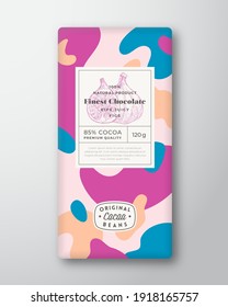 Figs Chocolate Label. Abstract Shapes Vector Packaging Design Layout with Realistic Shadows. Modern Typography, Hand Drawn Fruit Silhouette and Colorful Camouflage Pattern Background. Isolated.