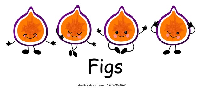 Figs A collection of characters in various poses. Funny fruits for educating children. The card is beautiful and bright. Healthy food.