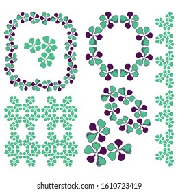 Figs. Elegant design set. Figs fruits in a wreath in simple graphic style. Silhouette isolated. Sectional pulp and fruit from different angles. Sketch in green and purple colors on white background. 