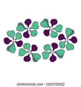Figs. Elegant design wreath of figs. Figs fruits in simple graphic style. Silhouette isolated. Sectional pulp and fruit from different angles. Sketch in green and purple colors on white background.
