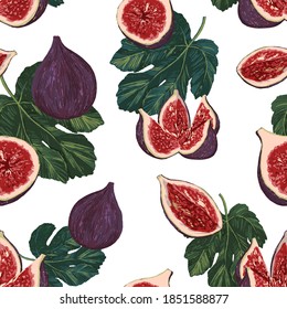 Figs fruits, leaves seamless pattern. Hand drawn vector illustration. Realistic drawing healthy food background. Colored sweet abstract design for print, fabric, textile, wallpaper, decor, packagings.