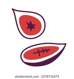 Figs icons, vector doodle illustration of fig fruit cut in half, fresh sweet fruits for dessert, healthy food, vegetarian snack, isolated colored clipart on white background