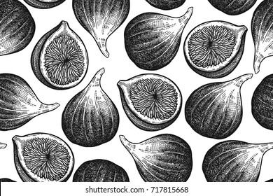 Figs isolated on white background. Seamless pattern. Realistic fruits in the technique of vintage engraving. Black and white. Vector illustration art. Hand drawing. Kitchen design with food.