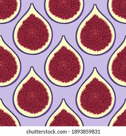 Figs are juicy fruit slices. Seamless background. Design for wallpaper, background, fabric, textile, cafe, restaurant, resort, exotic, packaging.