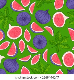 Figs and leaves on green background. Hand drawn texture. Stock vector illustration.