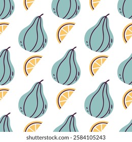 Figs and lemons. Seamless pattern of purple figs and yellow lemon slices on white background. Vector fruits illustration.