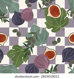 Figs and olive branches on gingham seamless pattern