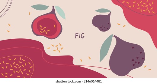 Figs On Abstract Background. Fresh Farm Fruits For Diet. Ingredients For Cooking. Flat Design For Menu, Cafe, Restaurant, Banner, Emblem, Sticker, Recipe Design. For Packing Juice Or Sauce