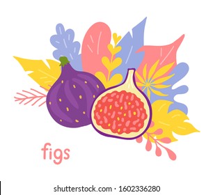 Figs on the background of bright tropical foliage. Hand-drawn composition with whole and half purple figs isolated on white background. Vector banner in doodle style.