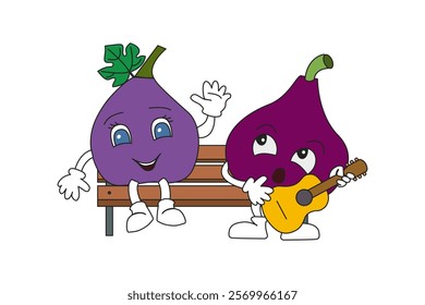 Figs on benches with a guitar. Funny hand-drawn cartoon characters.