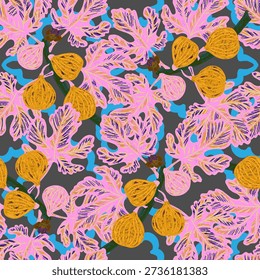 Figs on branches. Modern illustration in retro style with sketch elements. Seamless pattern inspired by the Mediterranean