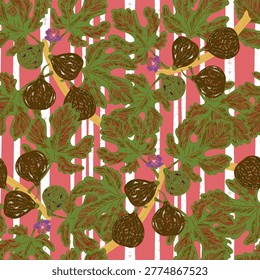 Figs on branches. Modern illustration in retro style with sketch elements. Seamless pattern inspired by the Mediterranean