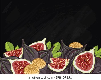 Figs on chalkboard background. Figs composition, plants and leaves. Organic food. Summer fruit. Fruit background for packaging design.