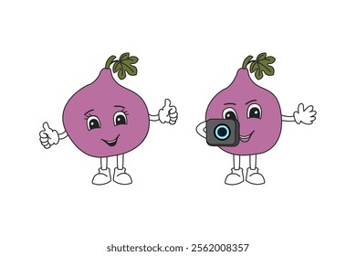 Figs on a walk. Funny cartoon characters with a camera, hand-drawn.