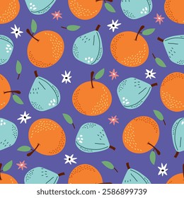 Figs and oranges. Seamless pattern of blue figs, oranges and little flowers on blue background. Vibrant vector fruits illustration for fabric, textile, wallpapers.