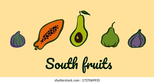 Dibujos, papaya, aguacate, ilustración de boceto vectorial de pera aislada en fondo amarillo. Frutas de color de Doodle establecidas para el logotipo, infografía, sitio web o aplicación, paquete, diseño de menú.