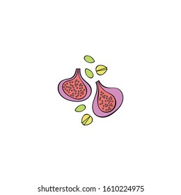 Figs. Pistachio nuts. Isolated vector objects on white background. Cartoon food.