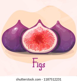 Figs, purple whole Fruit and half. Summer tropical fruits . Vector illustration