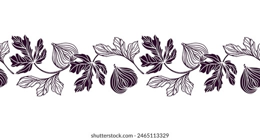 Figs seamless border. Curved branches with leaves and fruits. Vector illustration. Graphic. For food and cosmetic packaging, covers, fabric, textiles.